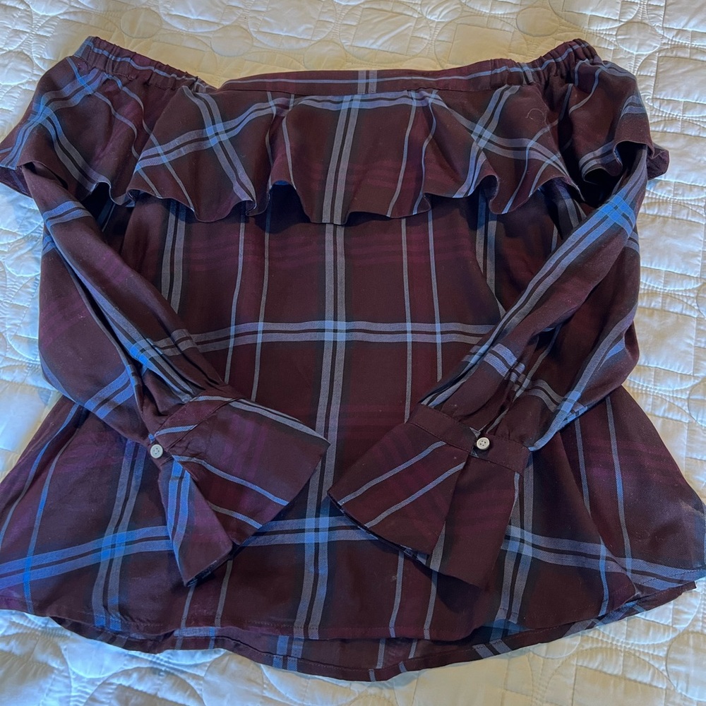 Loft, off the shoulder blouse. Wine with multicolor checkered stripes. XXSP
